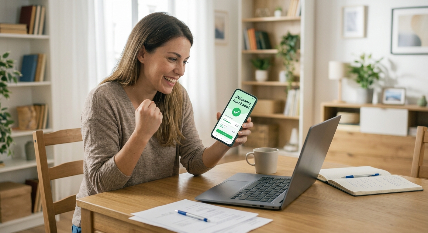 Cliente revisando su préstamo aprobado desde el celular