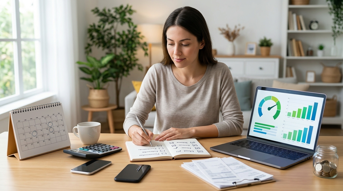 Mujer anotando sus finanzas frente a la laptop