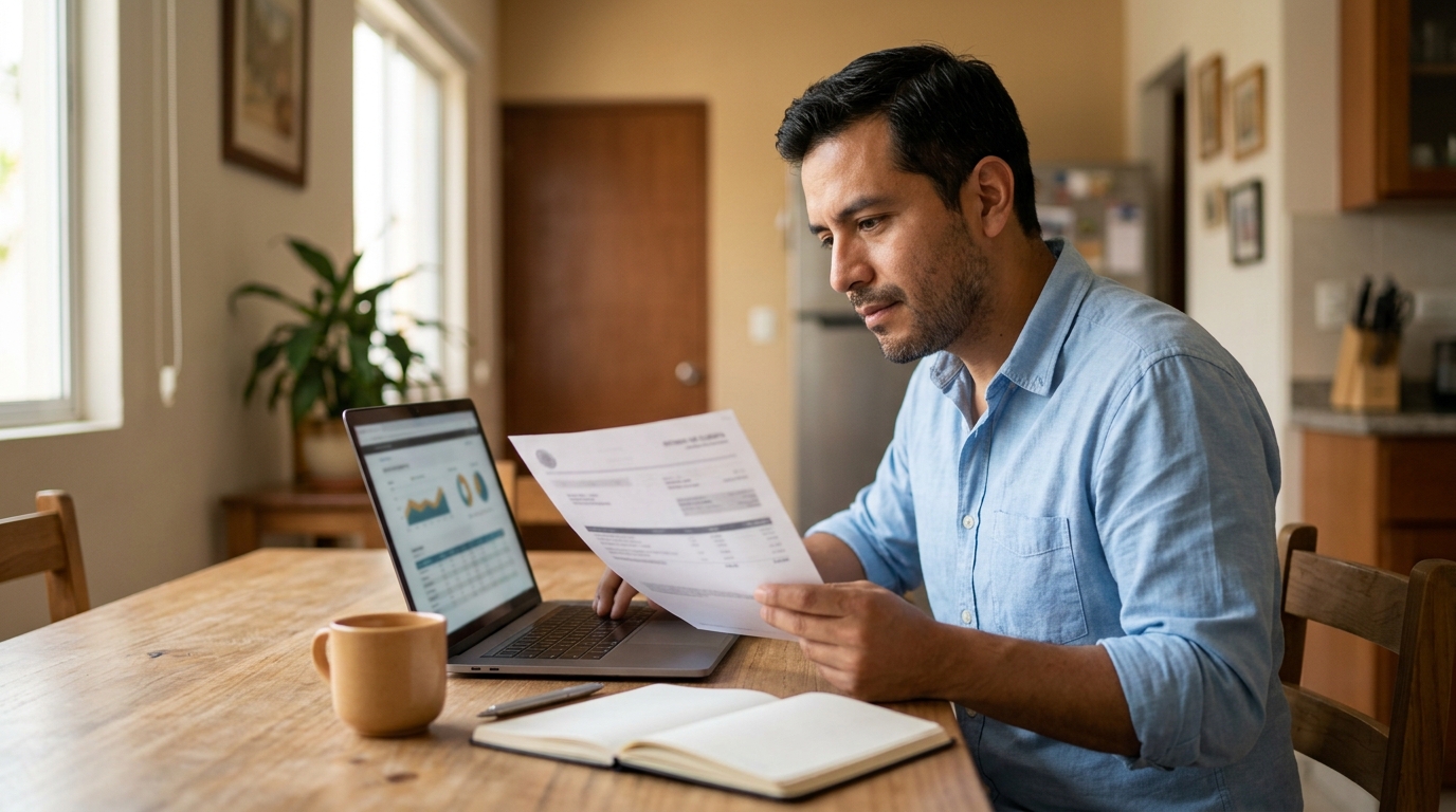 Hombre revisando su reporte de crédito en una laptop sobre la mesa del comedor