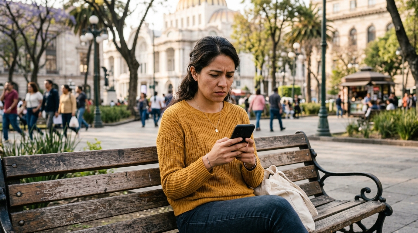 Mujer verificando en su celular los datos de una institución financiera