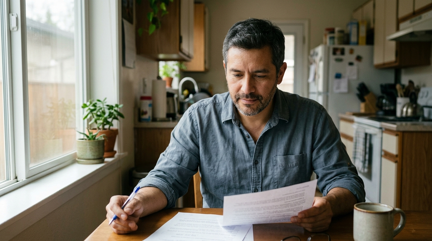 Hombre revisando un documento de acuerdo de pago en la mesa de su cocina