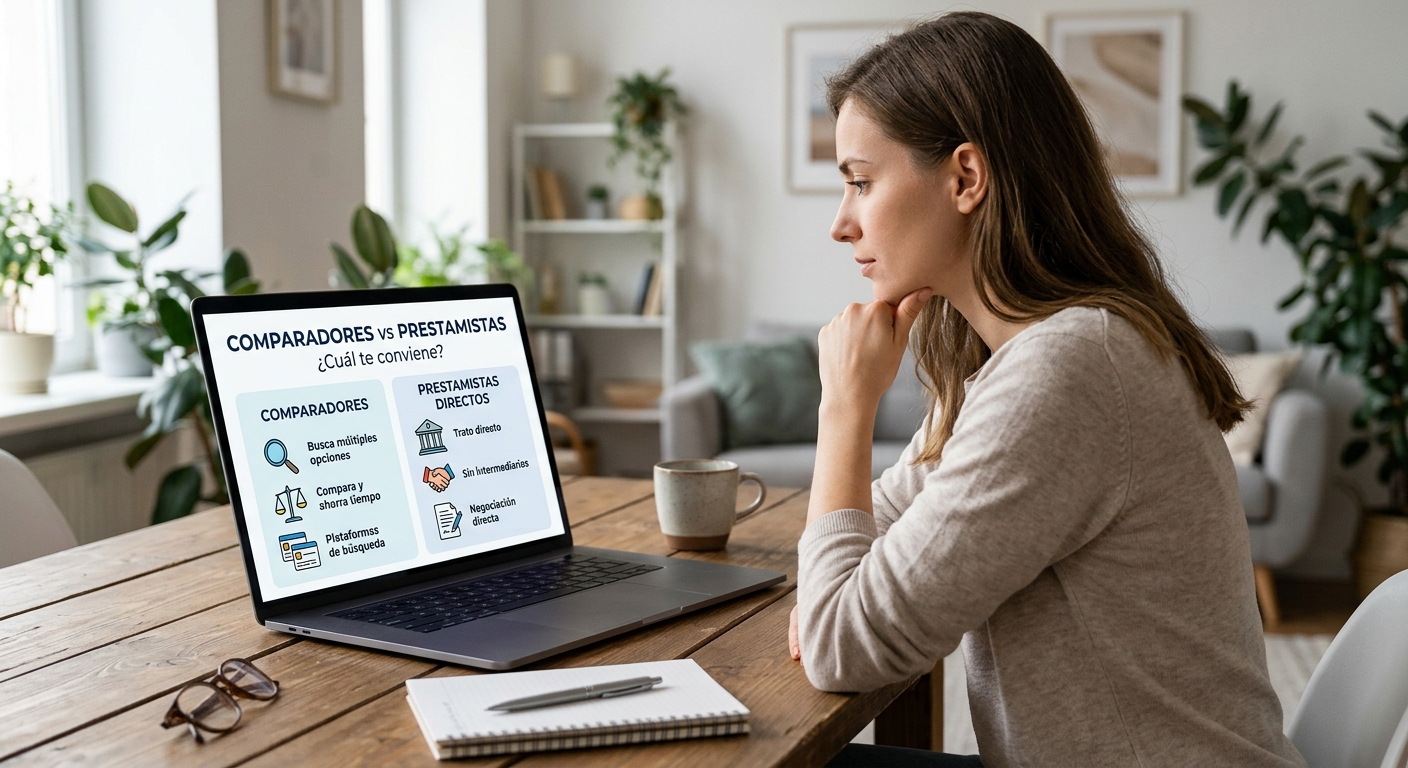 Mujer comparando opciones de préstamo en su laptop